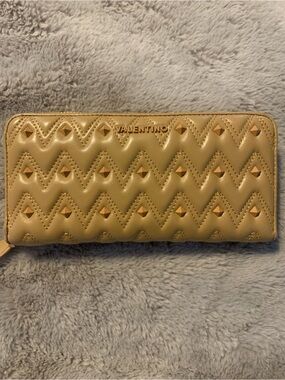 Valentino Chevron Quilted Zip-Around Wallet in Tan